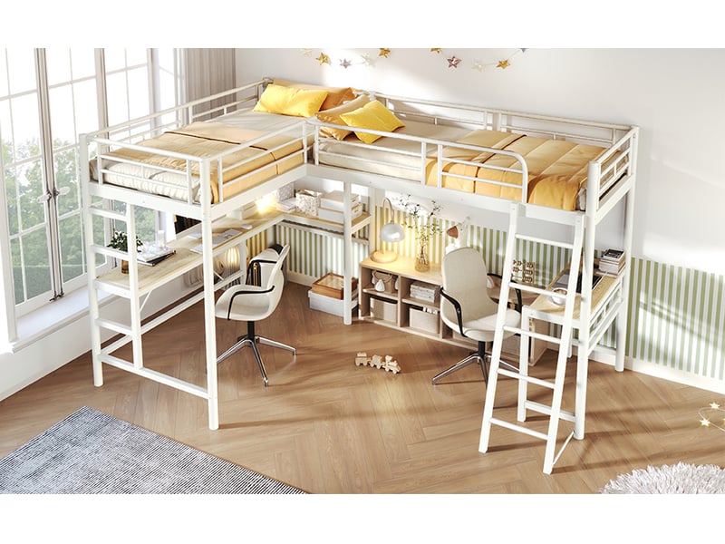  Lit mezzanine 90x200 cm, 2 couchages en l avec bureaux et échelles, en métal, blanc, sans matelas  - Conforama D
