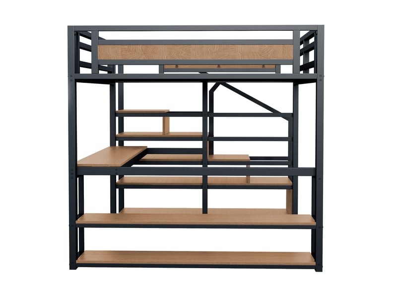  Lit mezzanine 140x200 cm avec escalier de rangement, étagères et bureau noir  - Conforama E