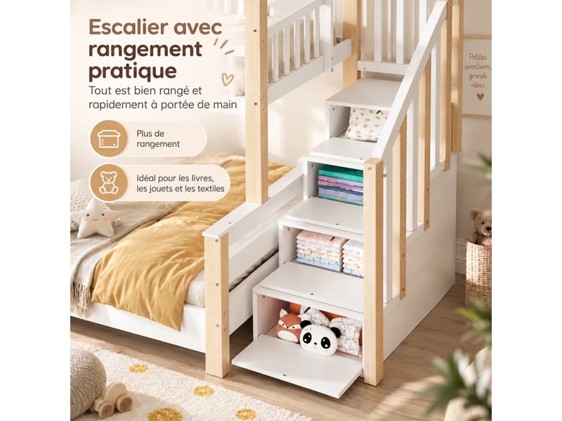  Lit superposé enfant 90x190120x190 - lit cabane enfant avec escalier de rangement - lit superposé 2 places  - Conforama E