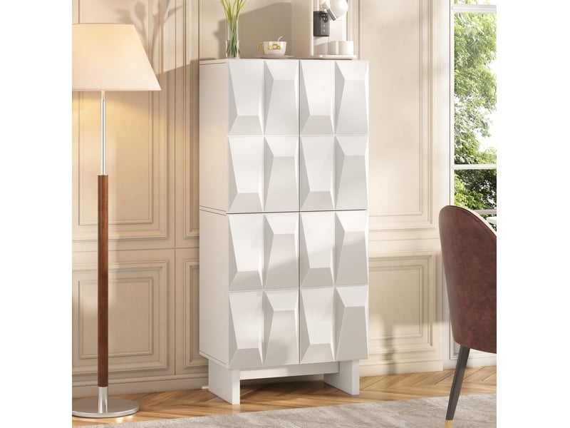 Meuble à chaussures buffet haut 60,5x34x135,5 cm 4 portes, relief décoratif, 4 niveauxrangement, panneau de particules blanc - Conforama B