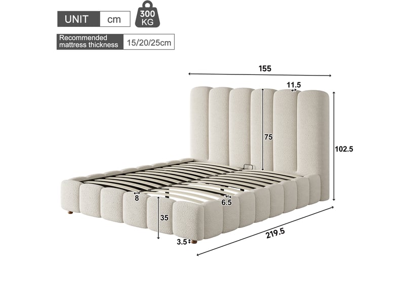  Lit coffre 2 places 140x200 cm en tissu bouclette blanc, sommier inclus et tête de lit rembourrée, sans matelas  - Conforama C