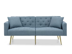 Canapé convertible 2 places 177x78x74 cm bleu, tissu bouclette, dossier réglable 3 positions moderne