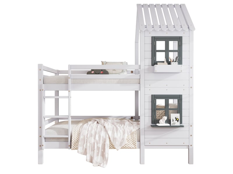 Lit superposé cabane enfant 2 x 90 x 200 cm avec fenêtres ouvrantes, escalier latéral 3 marches avec rampe, garde-corps, pinmdf, blanc - Conforama A