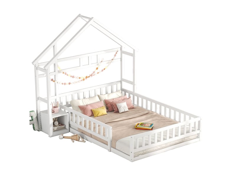  Lit enfant 140x200, garde-corps haut sécurité renforcée lit cabane enfant, structure bois massif, rangement intégré  - Conforama E