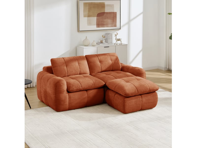 Canapé d’angle modulable 2 places modenvie avec 1 ottoman, design matelassé à carreaux, revêtement chenille, base antidérapante, sans montage, 194 x 160 x 68 cm, orange - Conforama E