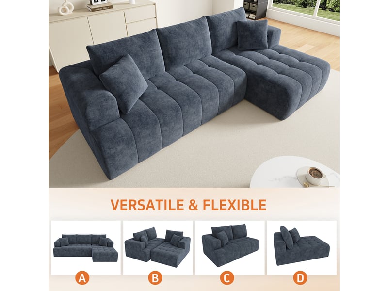  Canapé d’angle modulable nuage en l 3 places 244,5x136 cm, sans structure, mousse haute densité, méridienne profonde, sans montage, chenille bleu Radiant Stride - Conforama E
