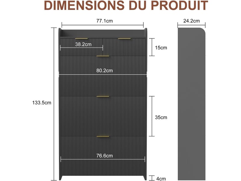  Meuble à chaussures noir avec 3 portes abattantes et 2 tiroirs, panneau ondulé, 77 x 24 x 133 cm  - Conforama D