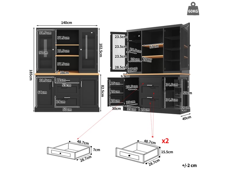 Buffet de cuisine 140x40x185 cm noir avec led rgb et 3 tiroirs - Conforama C
