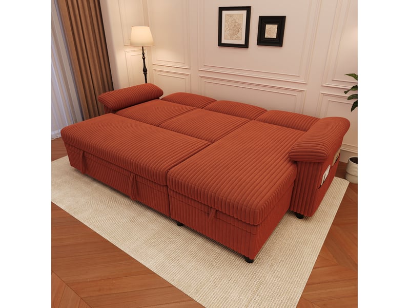  Canapé d’angle convertible modenvie 3 places avec méridienne réversible, coffre de rangement, usb type-c, velours côtelé orange 214 x 138,5 x 89 cm  - Conforama E