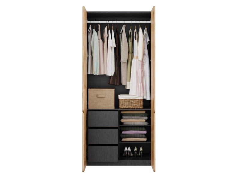 Armoire 4 portes avec penderie et 3 tiroirs 90x50x200 cm, effet chêne - Conforama D