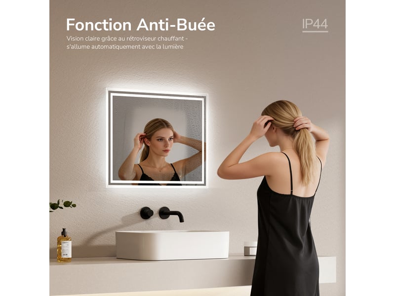  Emke miroir lumineux salle de bain 60x50cm,miroir led avec interrupteur à bouton,anti-buée,éclairage lumière blanche froidechaude  - Conforama C