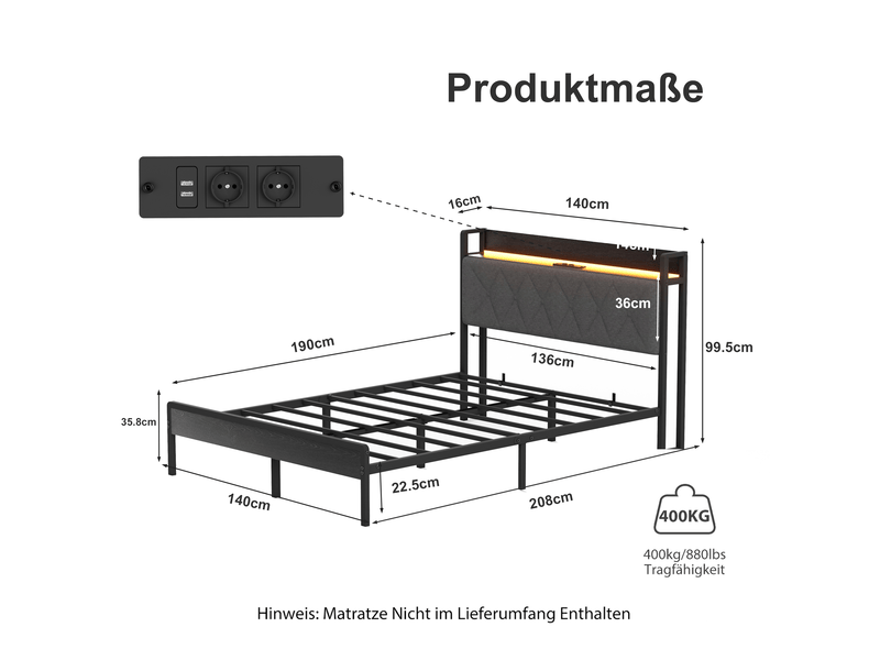  Lit rembourré 140x190 cm avec led multicolore,2 prises secteur+2 usb,rangement sous lit 22,5 cm,structure métal,noir et gris foncé  - Conforama E
