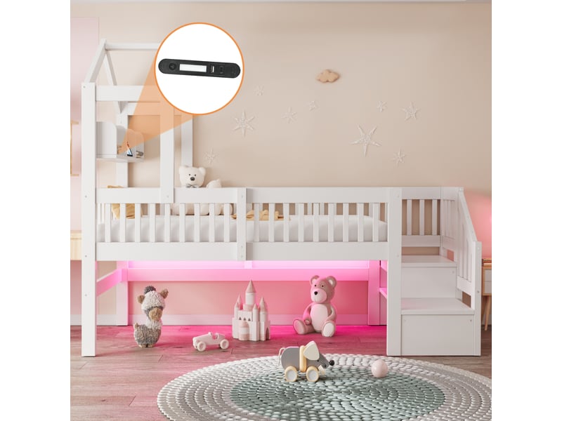  Lit mi-hauteur enfant 90x200 cm avec toit, échelle à rangements, barrières, étagère, veilleuse usb et led, lit cabane en bois avec sommier, blanc OPULERANE TRADING LTD - Conforama E