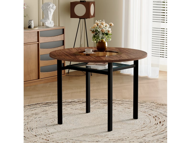 Table à manger ronde ø100 cm – marron et noir – plateau mdf avec verre de sécurité et étagère basse - Conforama B