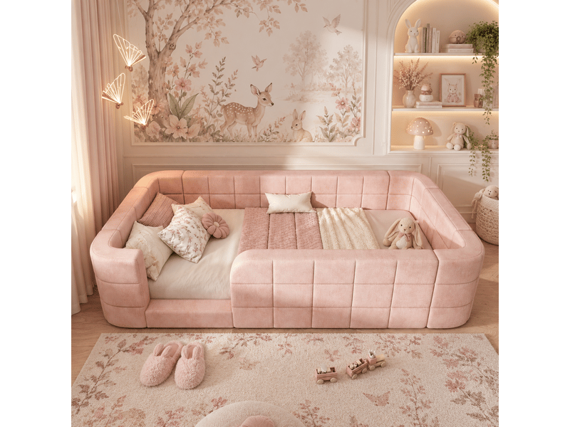  Lit pour enfant capitonné 90x200cm - tissu chenille - avec garde-corps de sécurité - rose (matelas non inclus)  - Conforama D