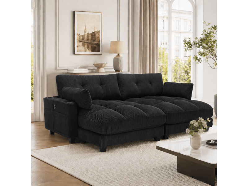  Canapé modulable 2 places avec usb, 4 porte-gobelets et poches - lpospi - velours côtelé noir  - Conforama C