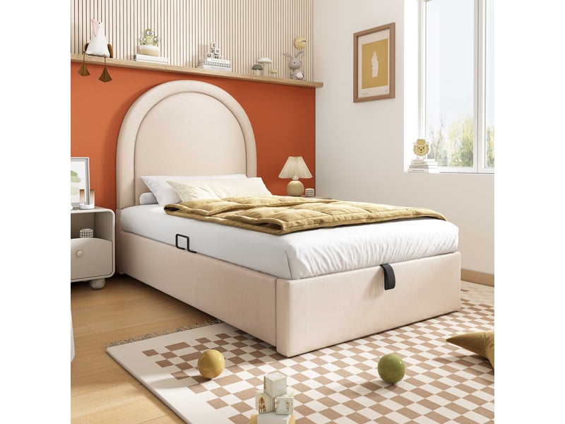  Lit enfant coffre rembourré 90x190 cm, rangement sous le lit hydraulique, revêtement pu beige avec motif cosmique, structure solide  - Conforama B