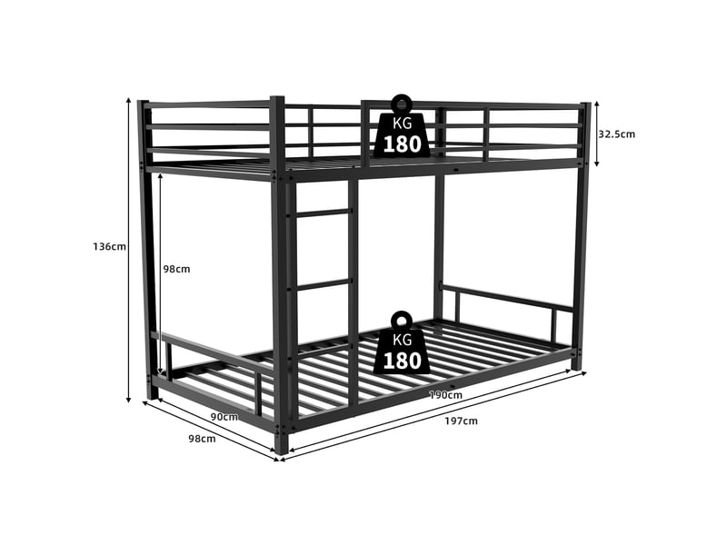  Lit superposé 90x190 cm - lit simple enfant avec échelle intégrée et barrière sécurisée - métal - sans matelas - noir  - Conforama E