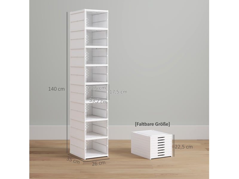  Boîtes à chaussures empilables et pliables, lot de 8, 26x35x140 cm, portes transparentes, plastique blanc  - Conforama C