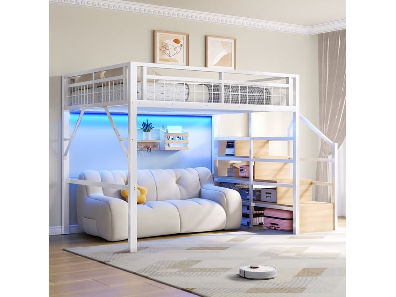  Lit mezzanine enfant 140 x 200 cm avec led, escalier de rangement, blanc  - Conforama D