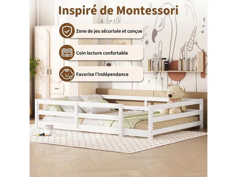  Lit montessori 140x200 au sol enfant avec barrière 4 côtés bois massif blanc  - Conforama D