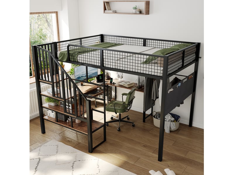  Lit mezzanine tcqpz 140 x 200 cm avec bureau d'angle en l escalier et port de charge noir et aspect bois foncé  - Conforama E