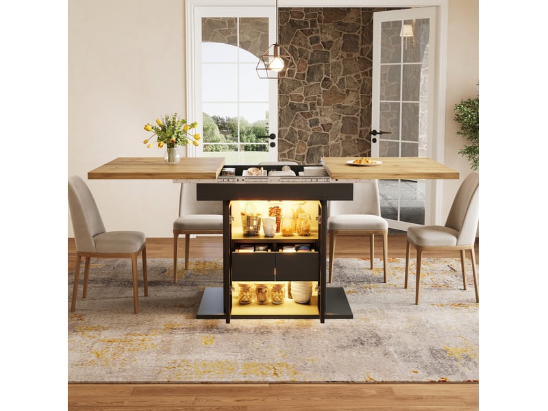 Table de salle à manger extensible avec 2 tiroirs et rangement, portes coulissantes en verre, led, noir - Conforama E