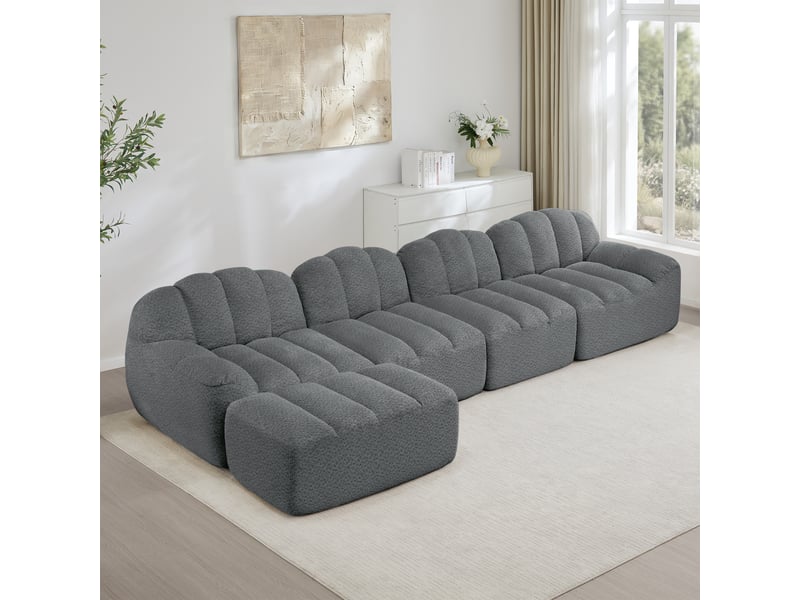  Canapé modulable, canapé 4 places – en tissu, gris, avec pouf, assise profonde, mousse haute densité  - Conforama A