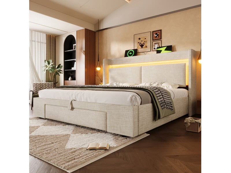  Lit coffre 140 x 200 cm beige en lin avec matelas, led, rangements et ports usbusb-c  - Conforama D