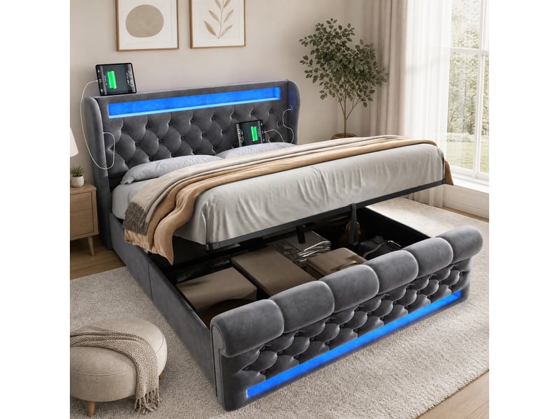 Lit double avec rangement hydraulique led gris en velours 160 x 200 cm - Conforama C
