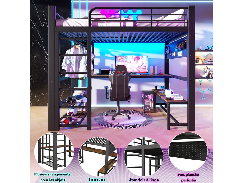 Lit mezzanine 140x200 cm avec bureau, led et rangements coloris noir - Conforama D
