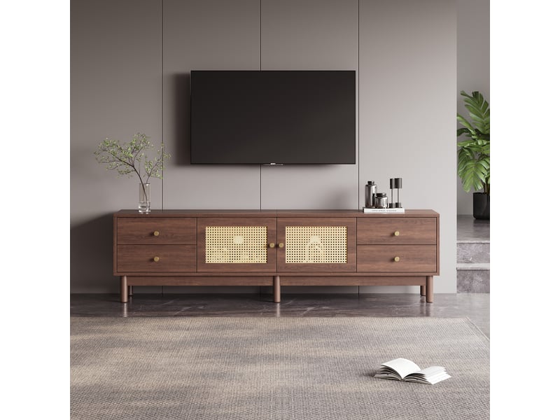  Meuble tv contemporain 180 cm bois foncé - 2 portes, rotin, 4 tiroirs, gestion câbles, charnières hydrauliques  - Conforama B