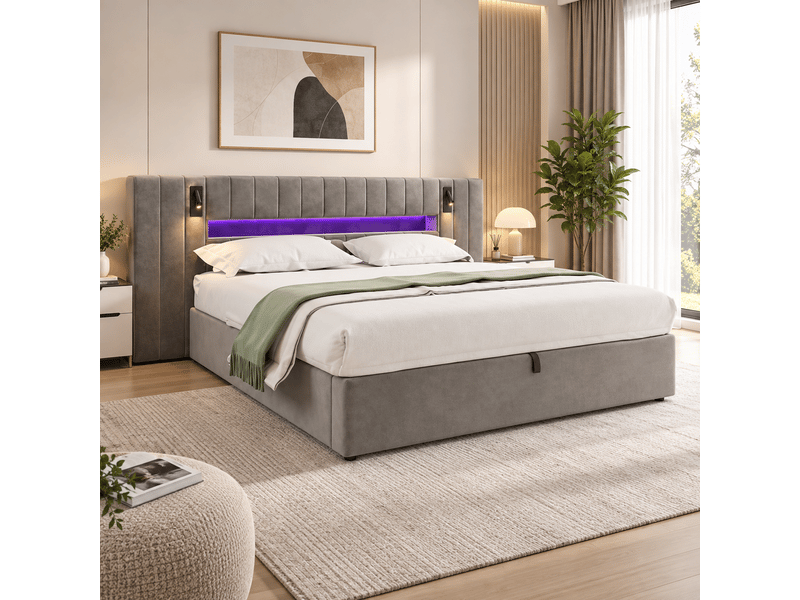  Lit coffre rembourré 180 x 200 cm, port usb, éclairage led, lampe de chevet, espace de rangement, velours, gris Bliss Lite - Conforama D