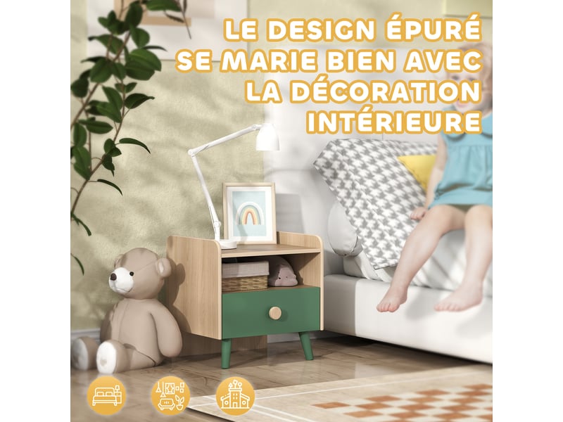 Lot de 2 tables de chevet enfant, tables de nuit enfant avec tiroir et niche, pour chambre d'enfant, 40x32,5x40cm, vert - Conforama E