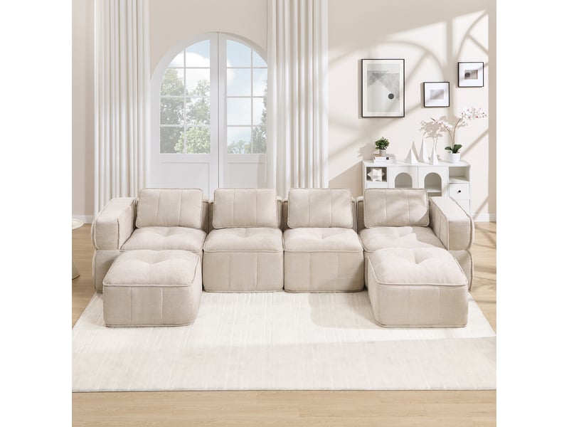 Canapé modulable u 4 places 344x162x67 cm, antiglisse, mousse 32d, 2 poufs, tissu polyester, beige - Conforama B