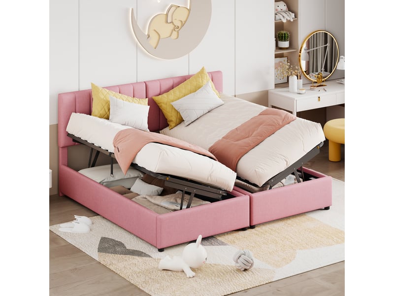 Lit coffre 180x200 cm, coffre de rangement hydraulique et tête de lit réglable, en tissu, rose, sans matelas  - Conforama B