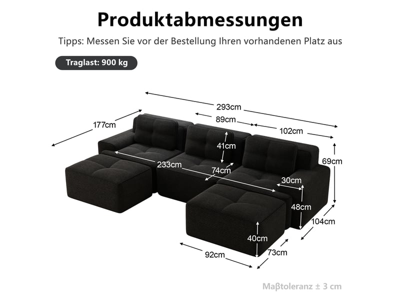  Canapé d'angle, canapé modulable; en velours tricoté, forme u, 3 places, noir, style cloud, sans cadre, avec pouf, sans montage  - Conforama E