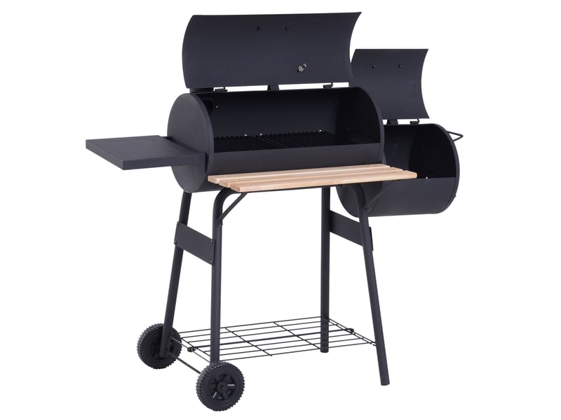  Barbecue à charbon fumoir bbq grill smoker sur pied avec couvercle, roulettes, thermomètre, étagères noir  - Conforama B