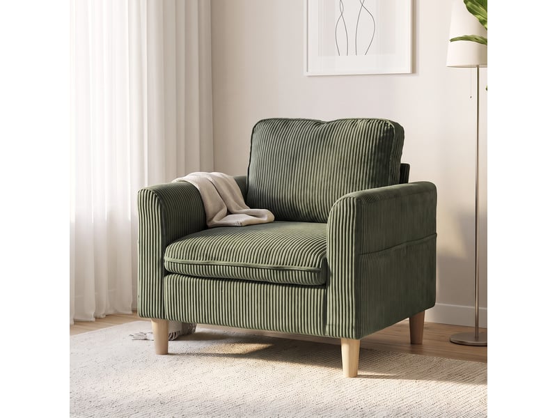  Fauteuil de salon style nordique pieds effilés bois clair velours côtelé vert  - Conforama E