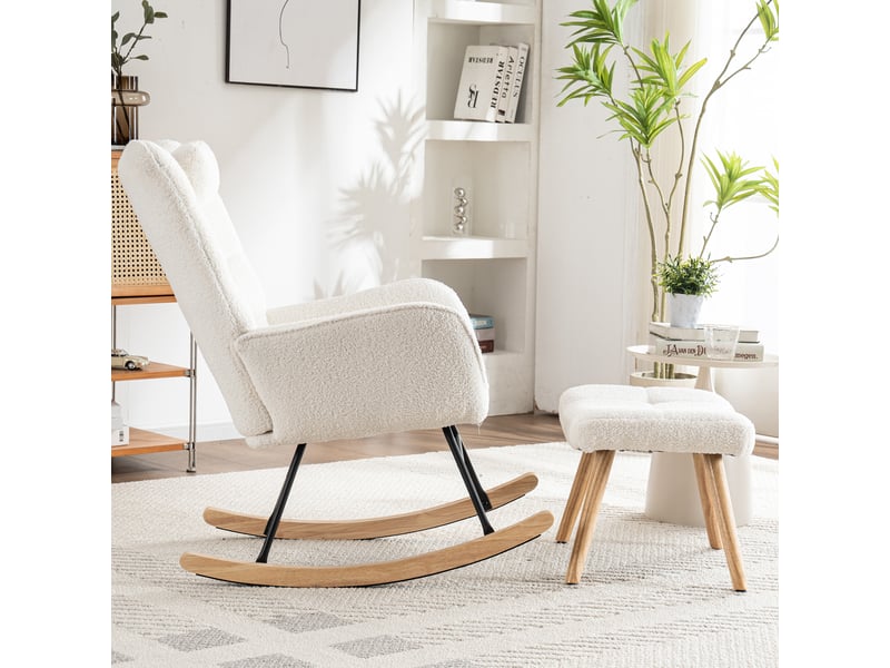  Fauteuil à bascule ergonomique, fauteuil blanc avec 1 appui-tête et 1 repose-pieds, base stable en caoutchouc  - Conforama C
