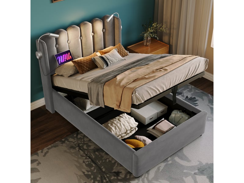 Lit coffre simple 90x200 cm avec lampe de lecture et usb, velours, gris, matelas inclus - Conforama W