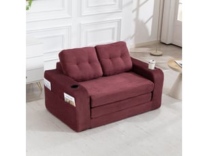Canapé droit 2 places en velours côtelé rouge bordeaux, modulable, 2 porte-gobelets et poches latérales, 136 cm