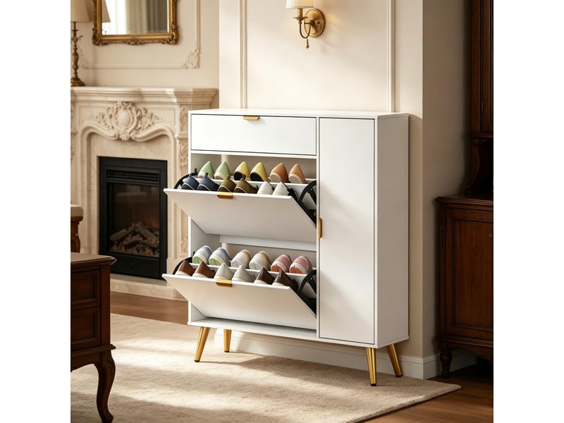  Meuble à chaussures, avec 2 compartiments basculants et rangement latéral à 3 niveaux, blanc, 99.4×23.8×106.6 cm  - Conforama D