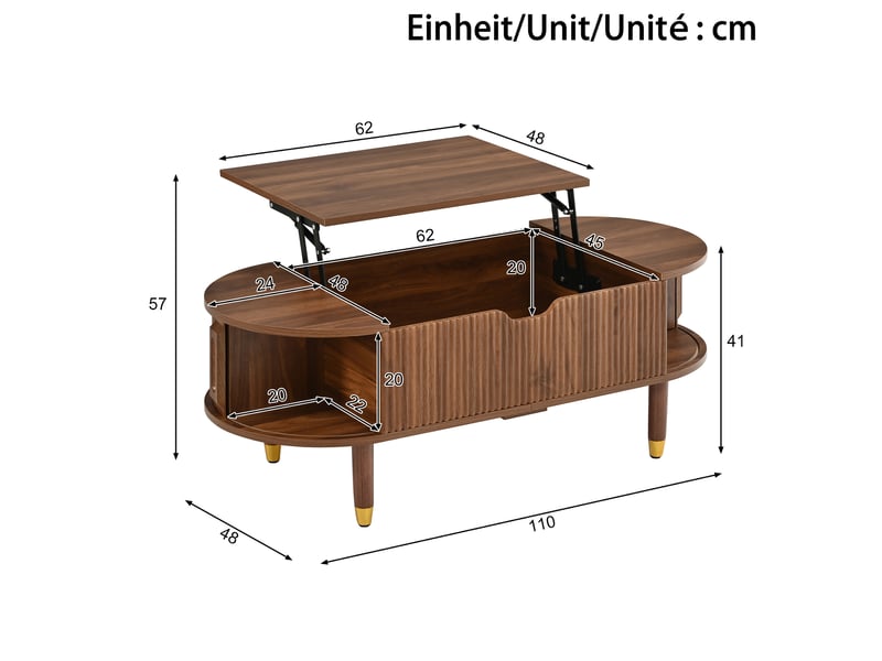  Table basse relevable 110x48x57cm, rangement intégré, porte coulissante rainurée, mdf, pieds en bois d’hévéa ABC - Conforama C