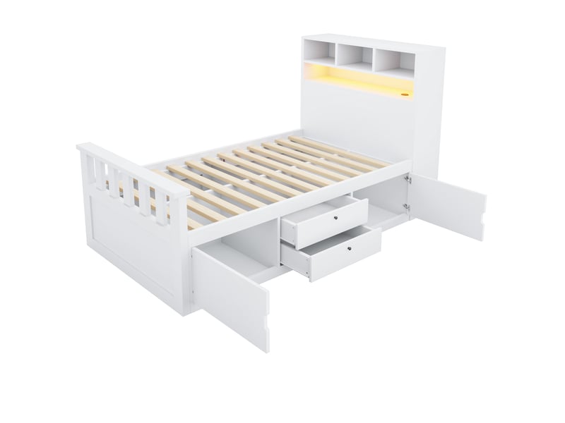  Lit en bois 90 × 200 cm – avec espaces de rangement – ​​inclut 2 tiroirs – équipé d’un ruban led et d’un port de chargement usb – blanc (matelas non inclus)  - Conforama W
