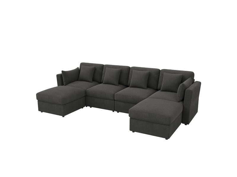  Canapé d’angle en u modulable 6 places 290 x 159,5 x 89 cm avec accoudoirs réglables, 2 poufs amovibles, velours côtelé - gris  - Conforama A
