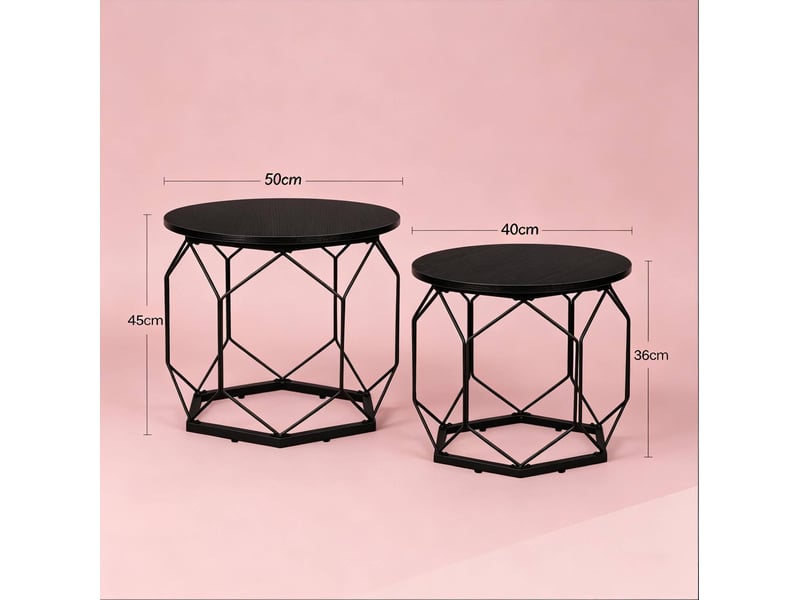  Lot de 2 tables basses rondes 50x50x45 cm plateau amovible bois métal noir  - Conforama C