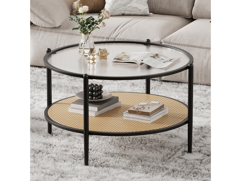  Table basse bohème moderne 2 niveaux rotin, plateau verre trempé ondulé, cadre métal robuste, étagère rangement salon bureau ,noir PHK_346THCPW - Conforama D