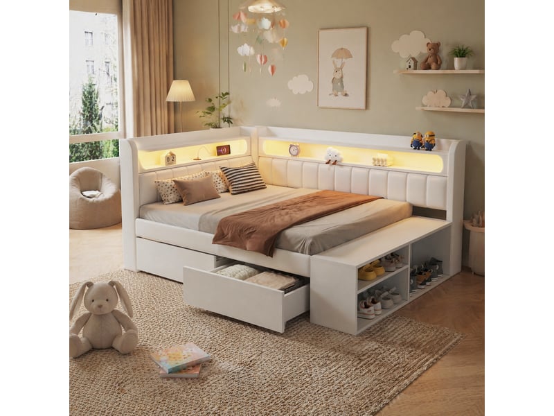Lit avec rangement 90x200 cm blanc avec led, usb, 2 tiroirs et meuble à chaussures - Conforama B
