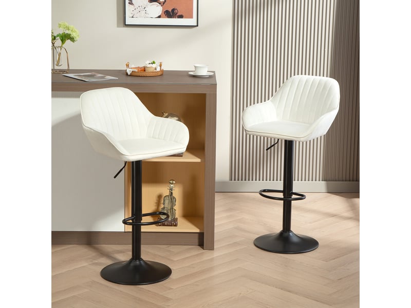  Ensemble de 2 tabourets de bar pivotants, hauteur réglable de 62 à 83 cm, revêtement en velours, dossier et repose-pieds, couleur crème.  - Conforama C